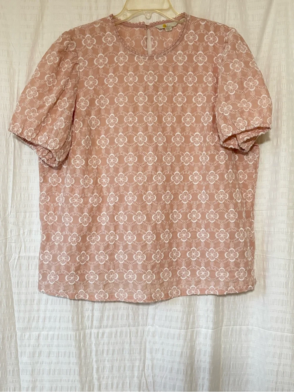 Boden Broderie Pink Puff Sleeve 100% Cotton Floral Eyelet Top Sz 16/18